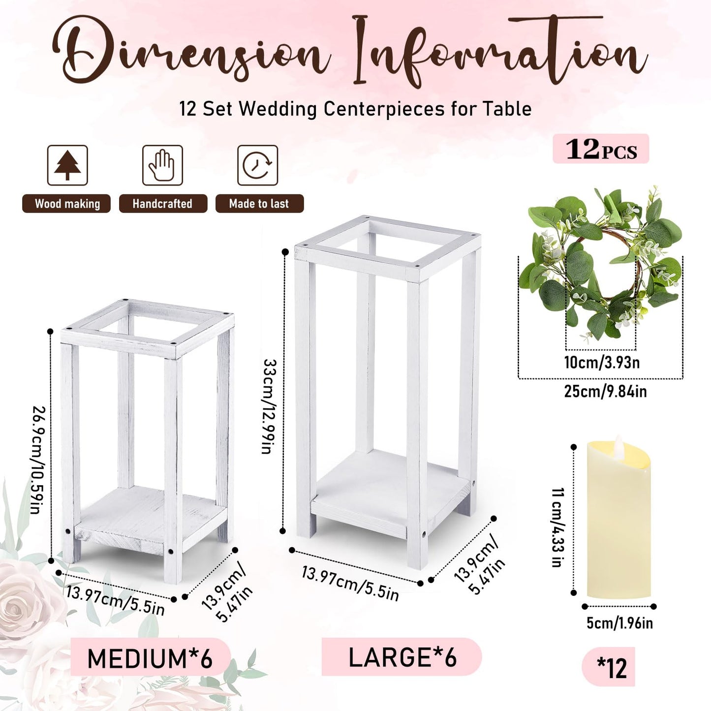 Geelin 12 Set Wooden Lanterns for Wedding Centerpieces Include 12 Wooden Lantern 12 LED Candle 12 Eucalyptus Leaves Wreath for Wedding Baby Shower Farmhouse Table Decor(10.59'', 13'',White) - Freya's Forever Weddings