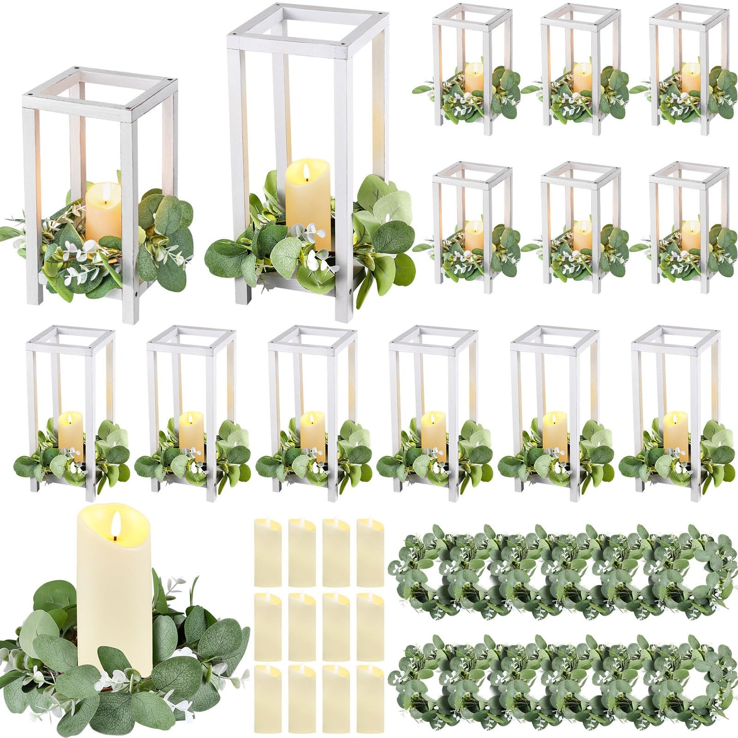 Geelin 12 Set Wooden Lanterns for Wedding Centerpieces Include 12 Wooden Lantern 12 LED Candle 12 Eucalyptus Leaves Wreath for Wedding Baby Shower Farmhouse Table Decor(10.59'', 13'',White) - Freya's Forever Weddings