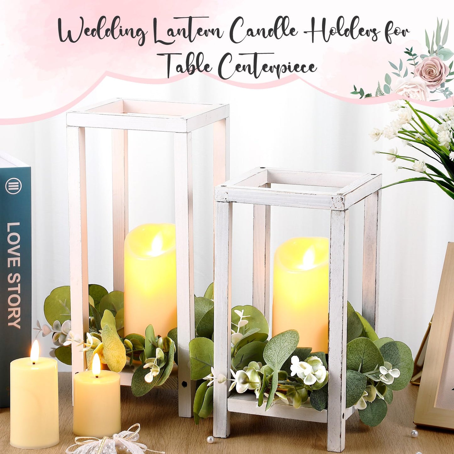 Geelin 12 Set Wooden Lanterns for Wedding Centerpieces Include 12 Wooden Lantern 12 LED Candle 12 Eucalyptus Leaves Wreath for Wedding Baby Shower Farmhouse Table Decor(10.59'', 13'',White) - Freya's Forever Weddings