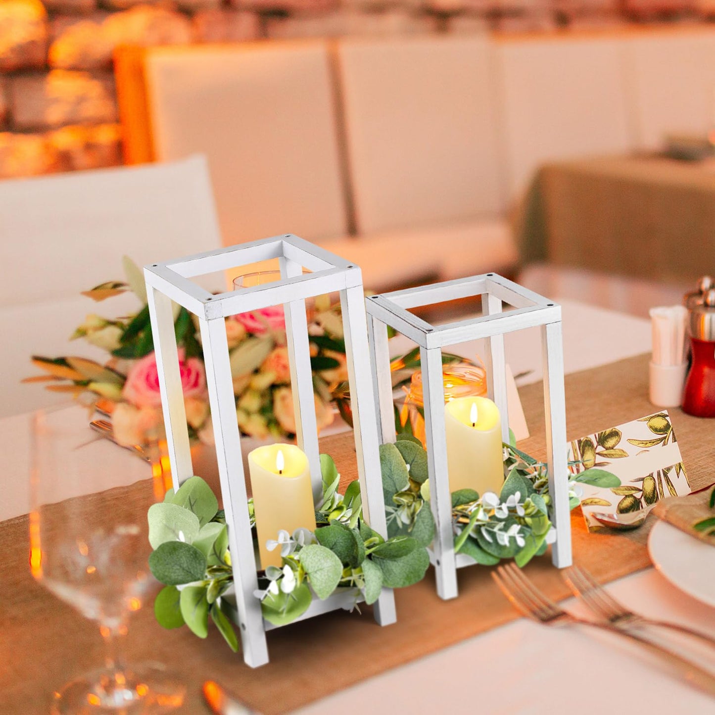 Geelin 12 Set Wooden Lanterns for Wedding Centerpieces Include 12 Wooden Lantern 12 LED Candle 12 Eucalyptus Leaves Wreath for Wedding Baby Shower Farmhouse Table Decor(10.59'', 13'',White) - Freya's Forever Weddings