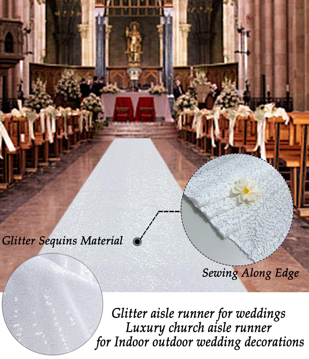 CHHEART White Aisle Runner for Wedding Ceremony 3FTx15FT Aisle Runner Carpet Rugs White Sequin Aisle Runner for Party Outdoor Wedding Aisle Runner - Freya's Forever Weddings
