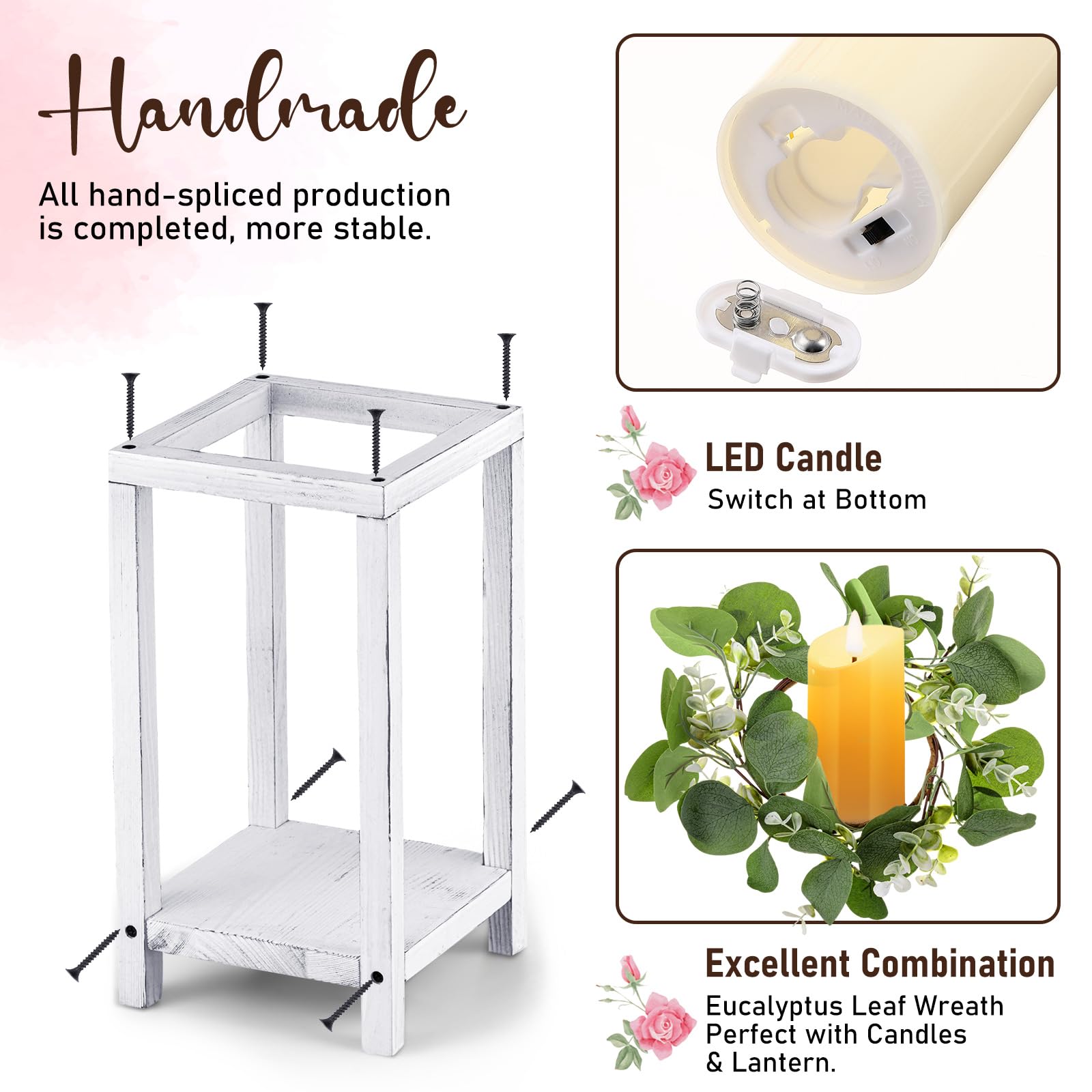 Geelin 12 Set Wooden Lanterns for Wedding Centerpieces Include 12 Wooden Lantern 12 LED Candle 12 Eucalyptus Leaves Wreath for Wedding Baby Shower Farmhouse Table Decor(10.59'', 13'',White) - Freya's Forever Weddings