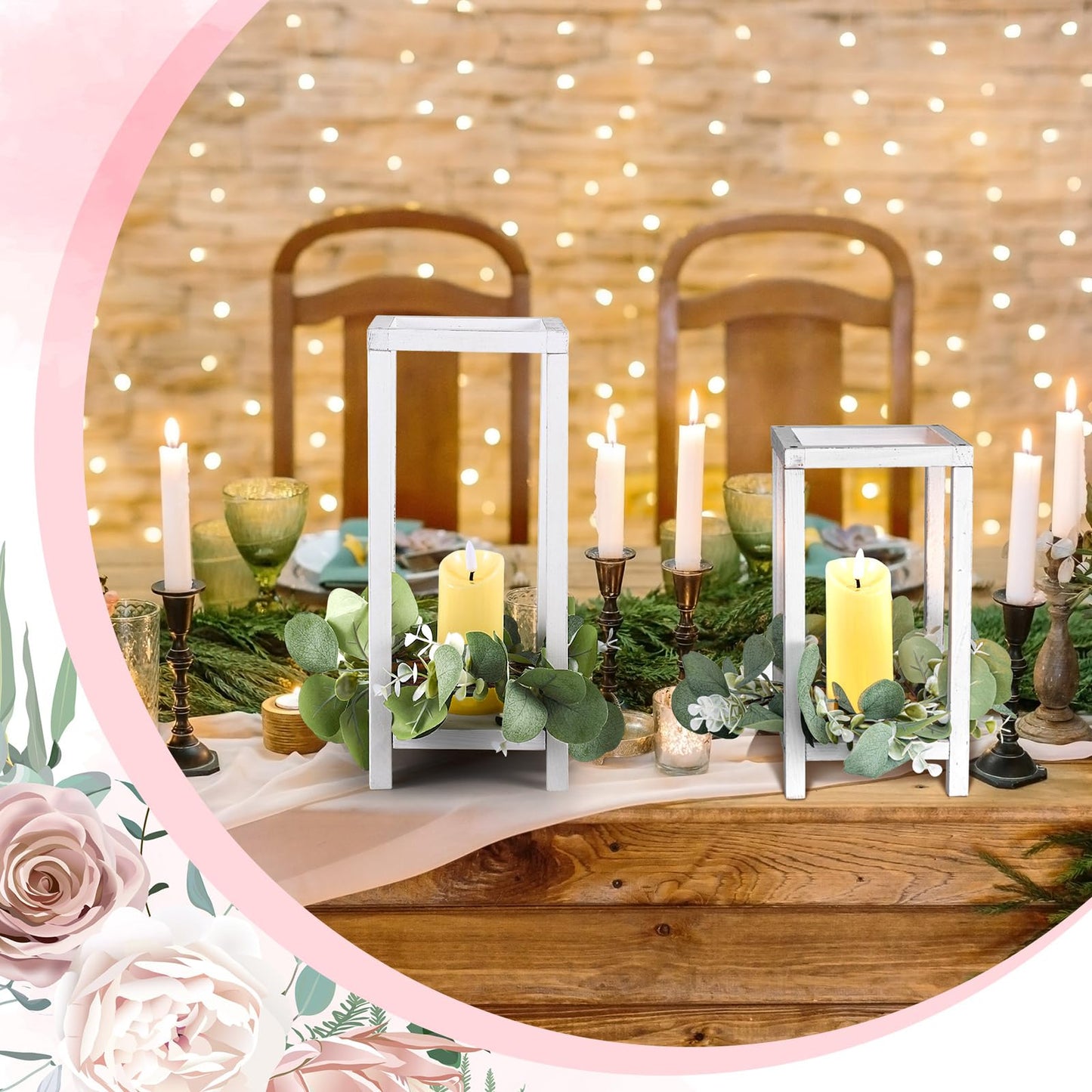 Geelin 12 Set Wooden Lanterns for Wedding Centerpieces Include 12 Wooden Lantern 12 LED Candle 12 Eucalyptus Leaves Wreath for Wedding Baby Shower Farmhouse Table Decor(10.59'', 13'',White) - Freya's Forever Weddings